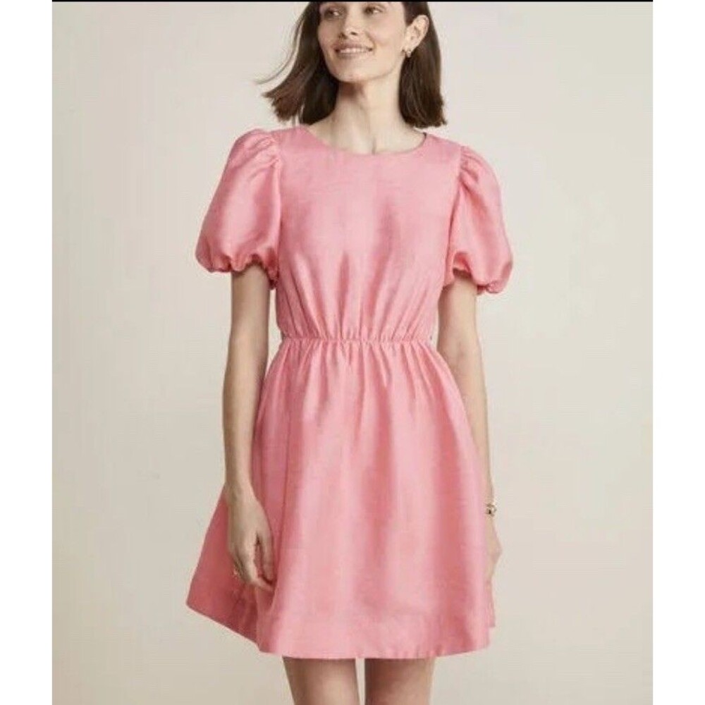 Vineyard Vines Dress 14 Cayman Pink Puff Sleeves Back Cutout Feminine Linen Silk - Picture 2 of 15